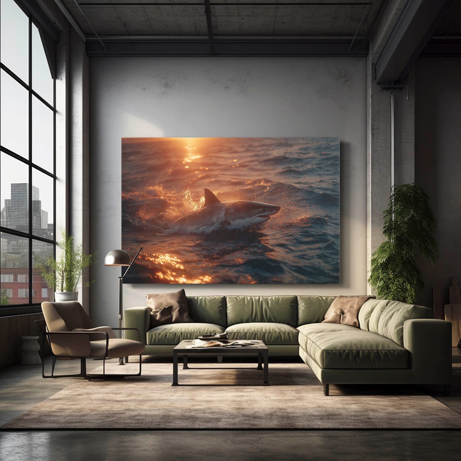 Fiery Sunset Ocean Shark Prints – styled in a furnished interior
