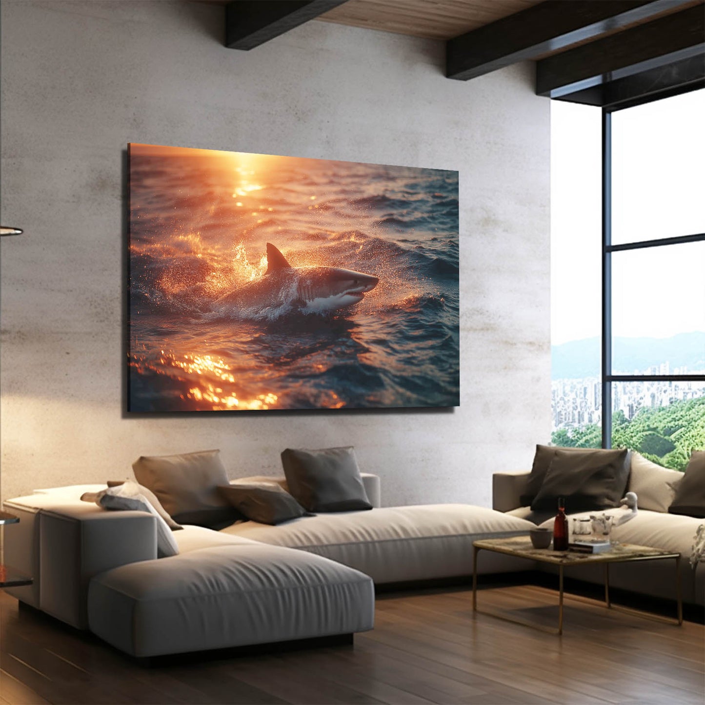 Fiery Sunset Ocean Shark Prints – styled in a furnished interior