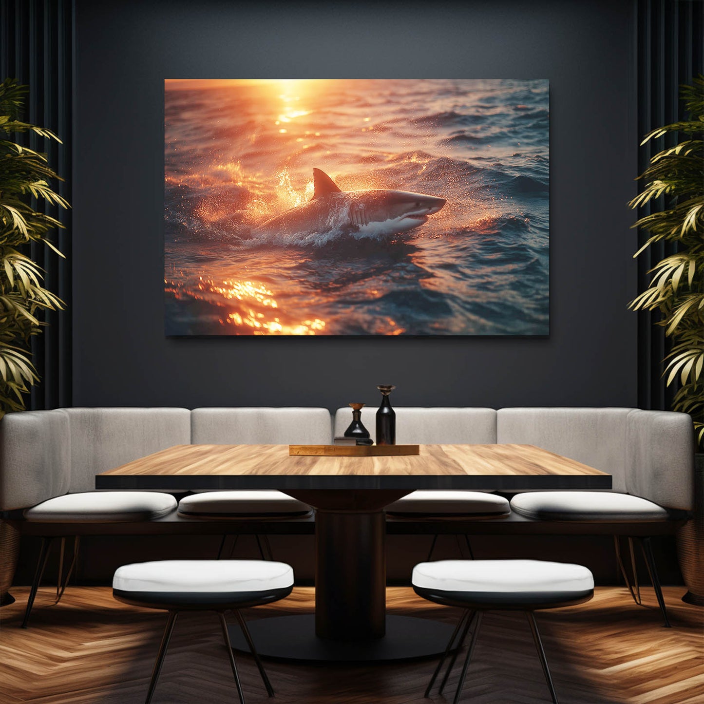 Fiery Sunset Ocean Shark Prints – styled in a furnished interior