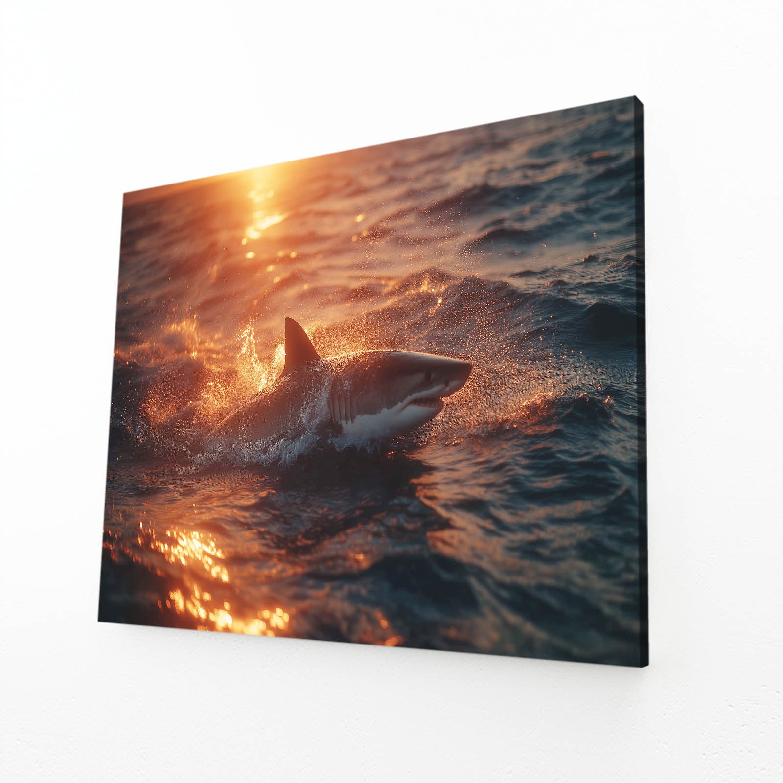 Fiery Sunset Ocean Shark Prints – angled canvas view on white background