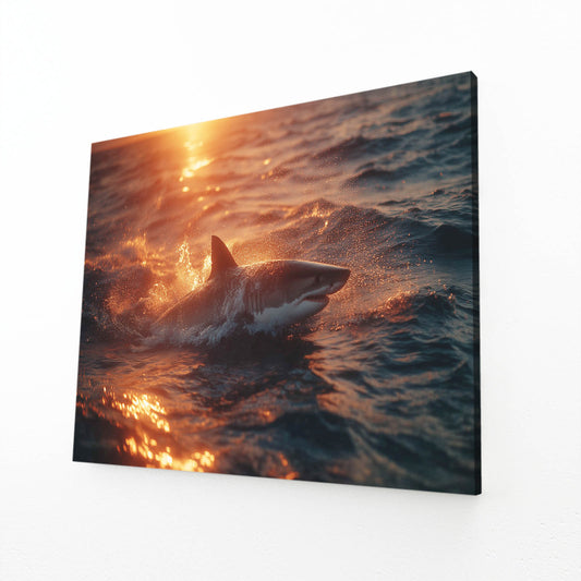 Fiery Sunset Ocean Shark Prints – angled canvas view on white background