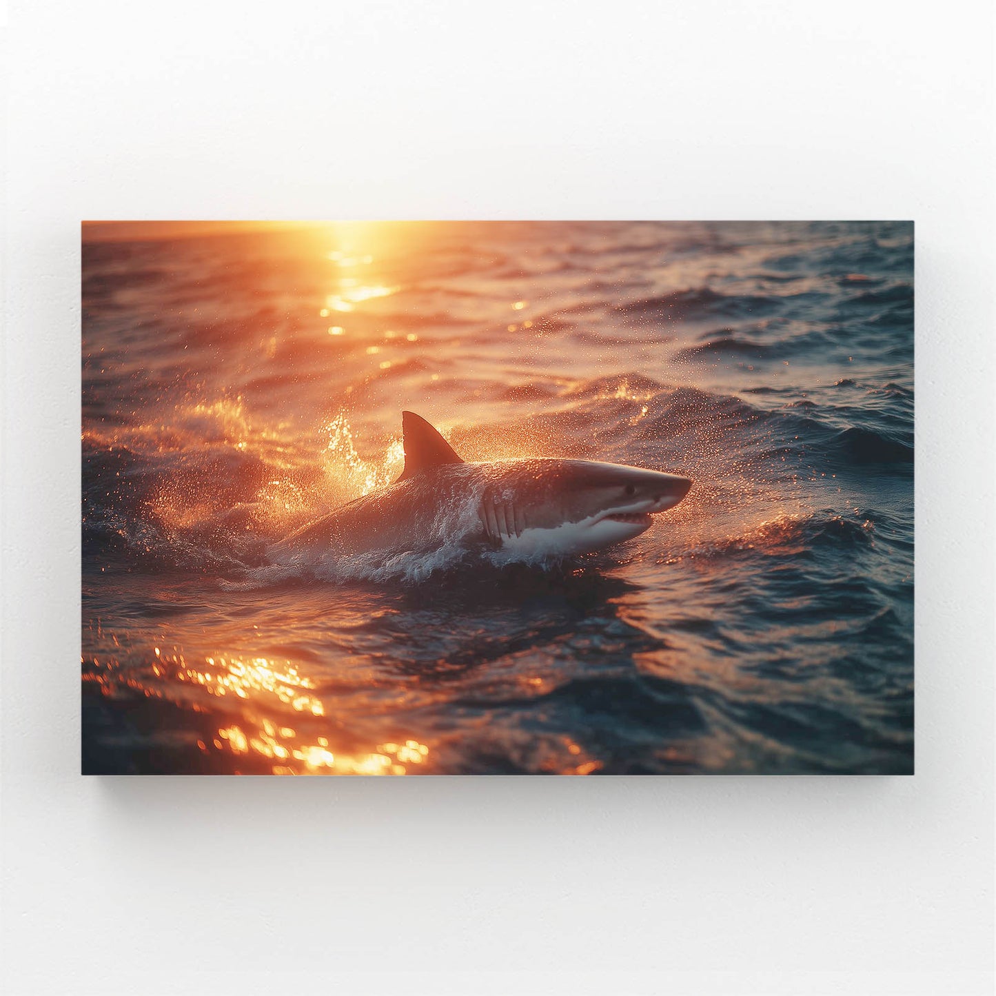 Fiery Sunset Ocean Shark Prints – canvas print on white background