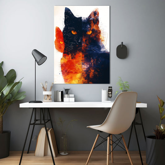 Fire and Shadow Cat Wall Art — abstract canvas print in blue tones, view 3