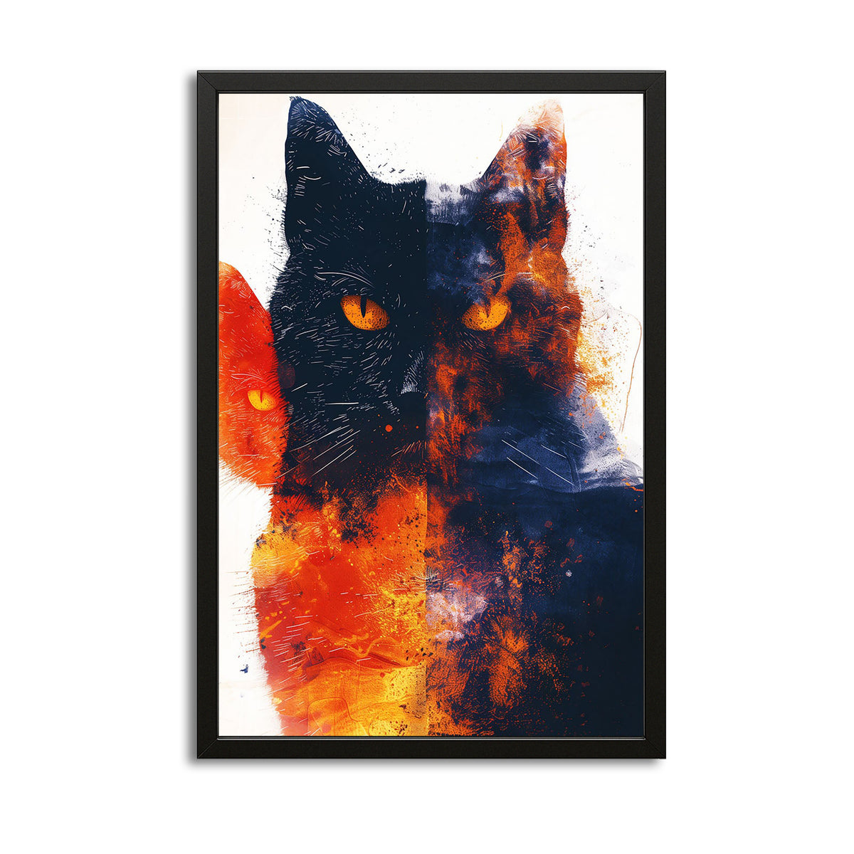 Fire and Shadow Cat Wall Art — digital canvas print in blue tones, angled canvas view on white background