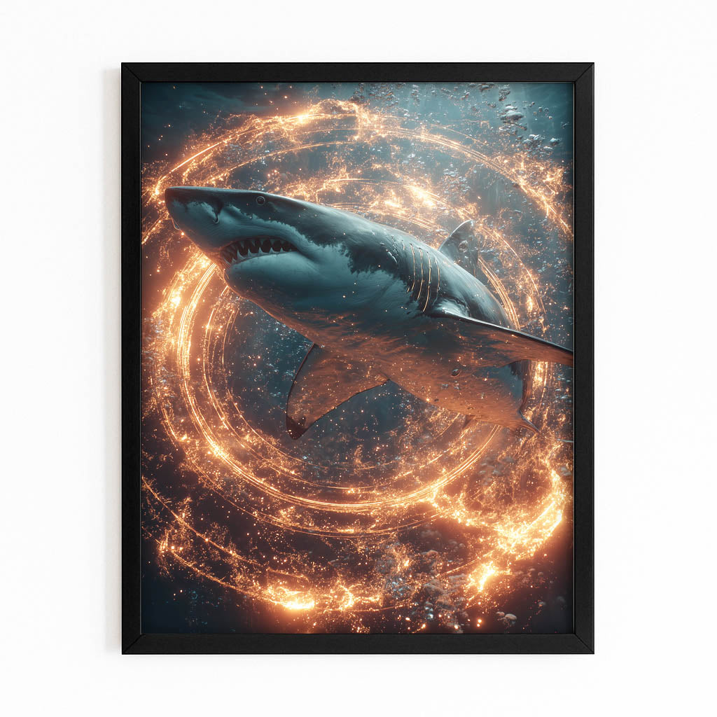 Fire Vortex Cosmic Shark Art – with Premium Black frame on white background