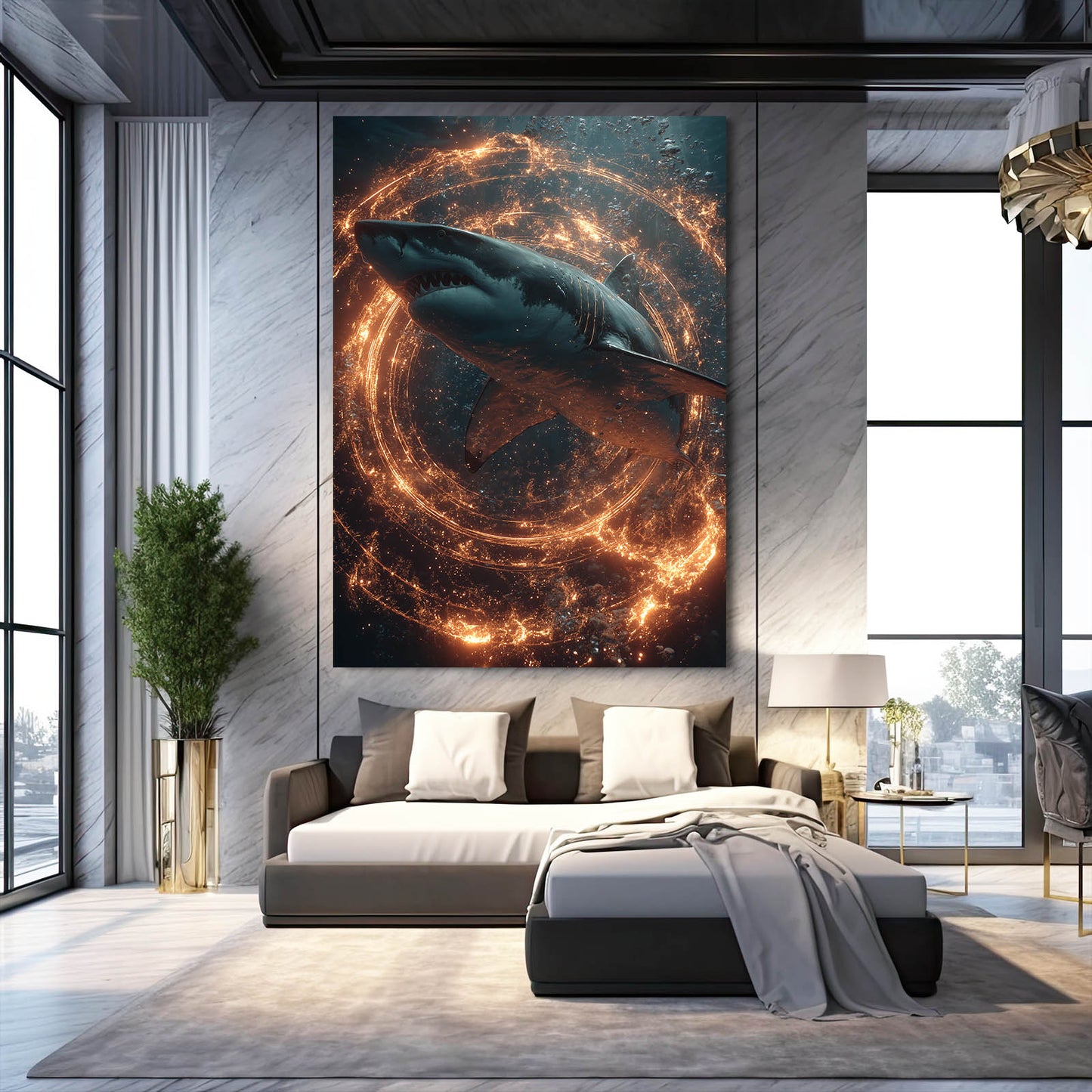Fire Vortex Cosmic Shark Art – styled in a furnished interior