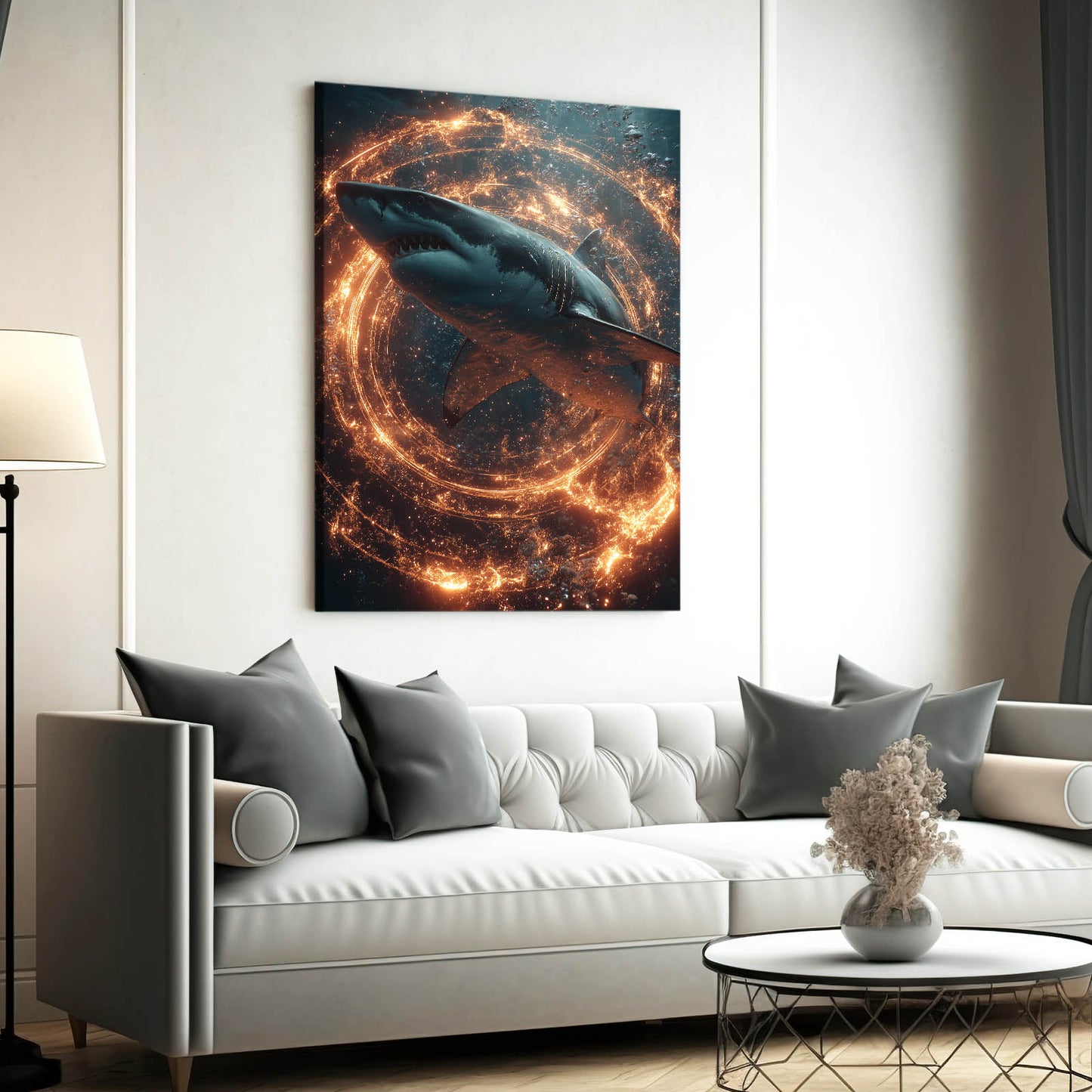Fire Vortex Cosmic Shark Art – styled in a furnished interior
