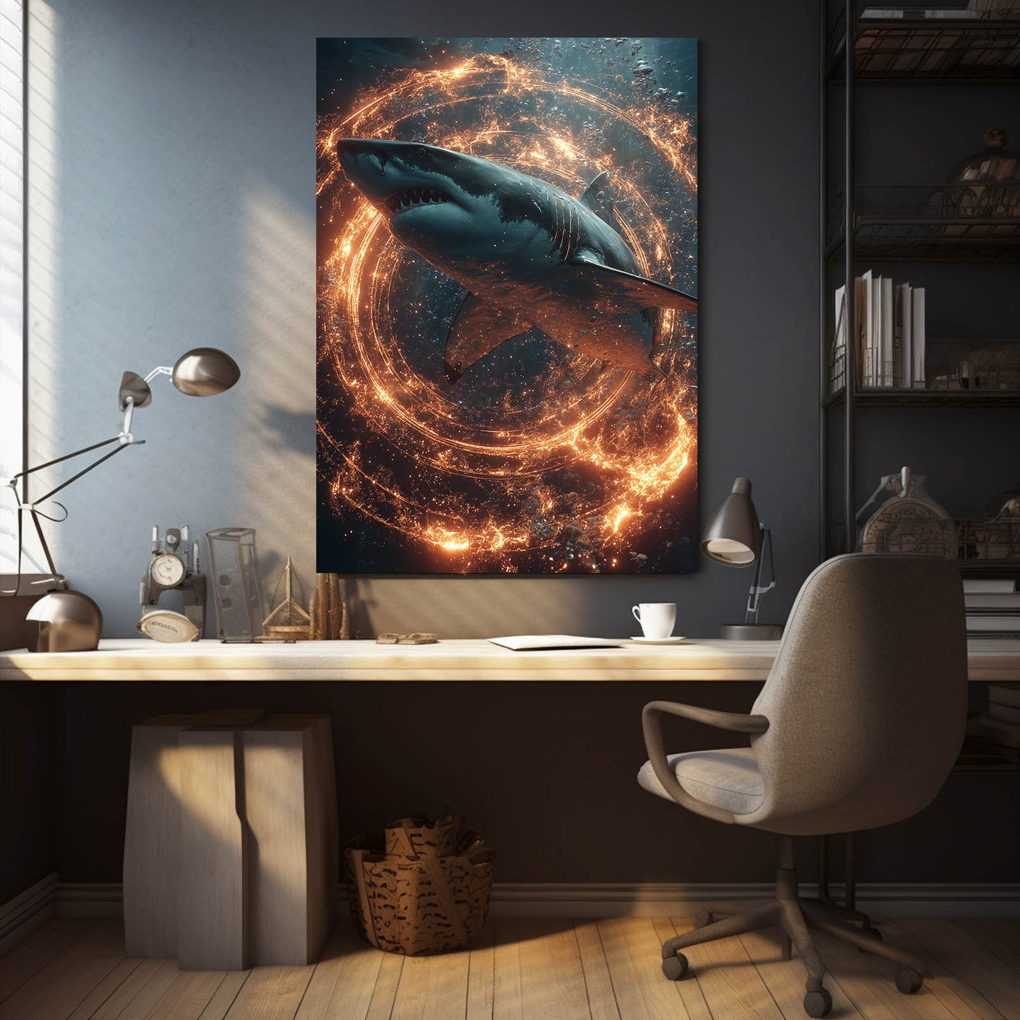 Fire Vortex Cosmic Shark Art – styled in a furnished interior