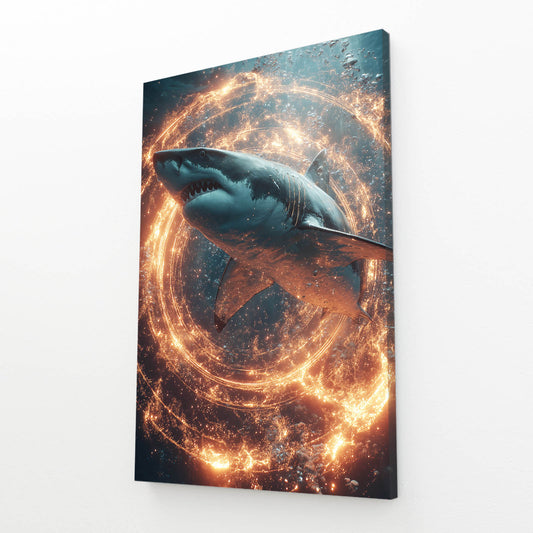 Fire Vortex Cosmic Shark Art – angled canvas view on white background