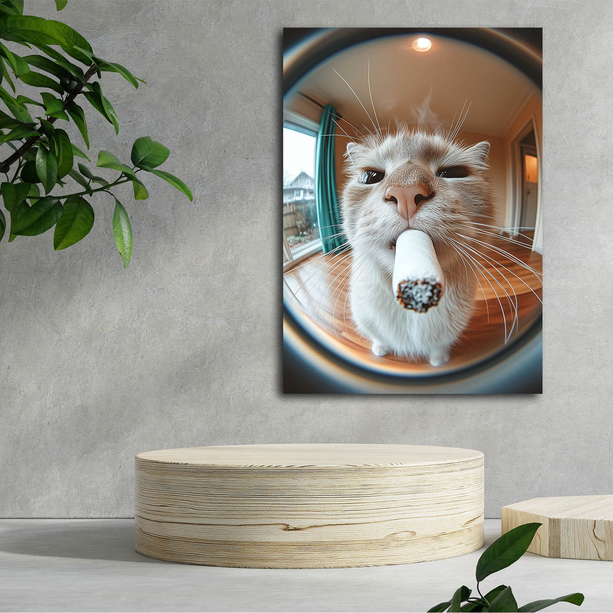 Fisheye Lick Closeup Cat Canvas — photography canvas print, styled in a furnished interior