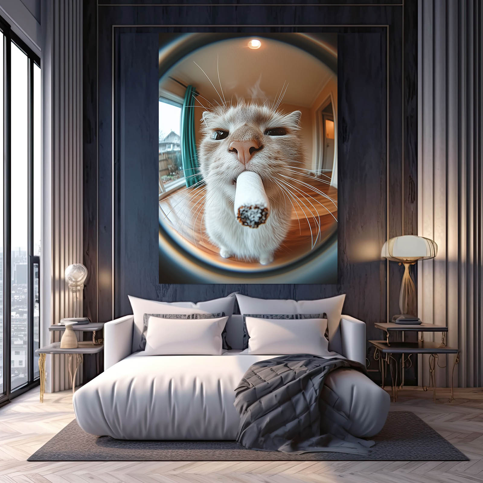 Fisheye Lick Closeup Cat Canvas — photography canvas print, styled in a furnished interior