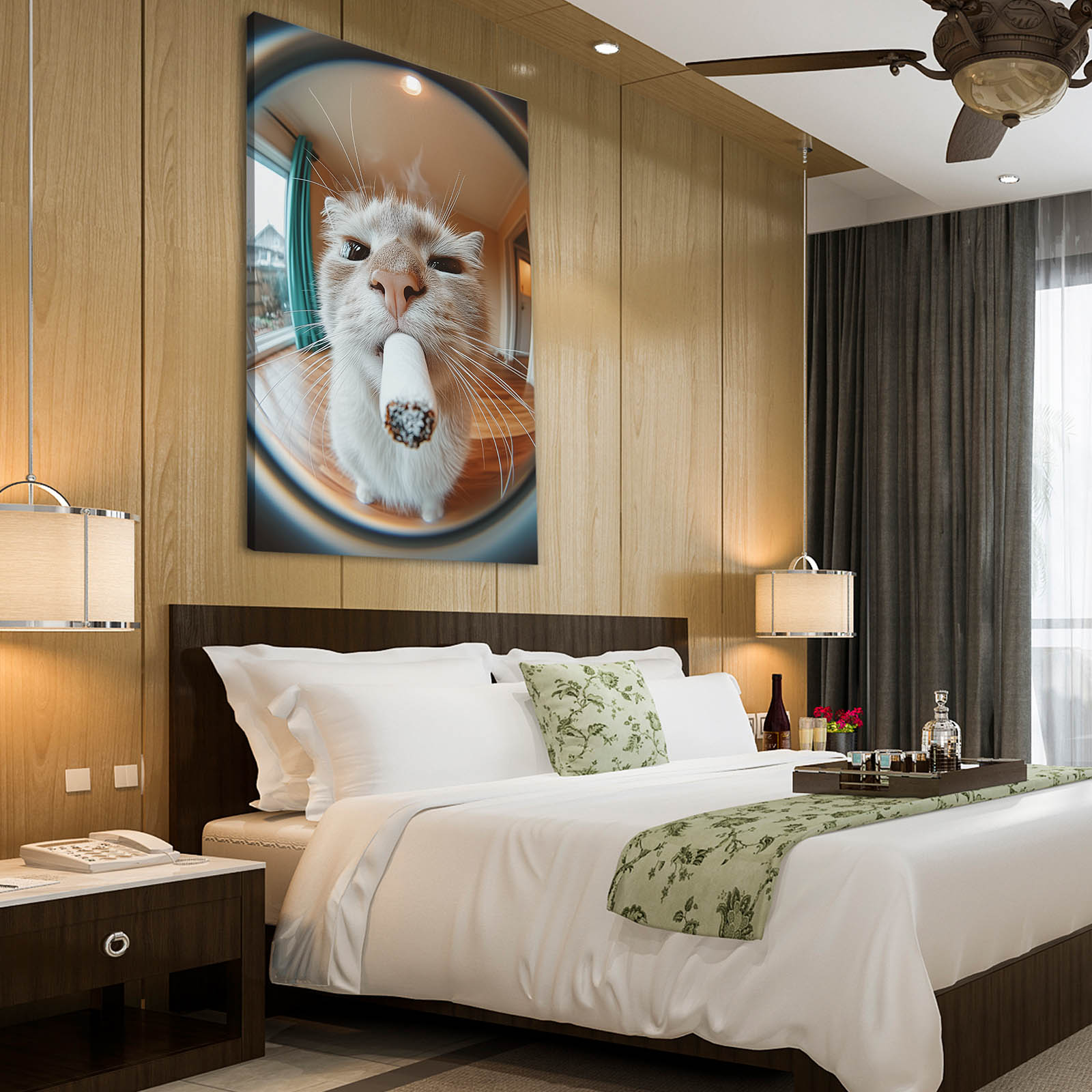 Fisheye Lick Closeup Cat Canvas — photography canvas print, styled in a furnished interior