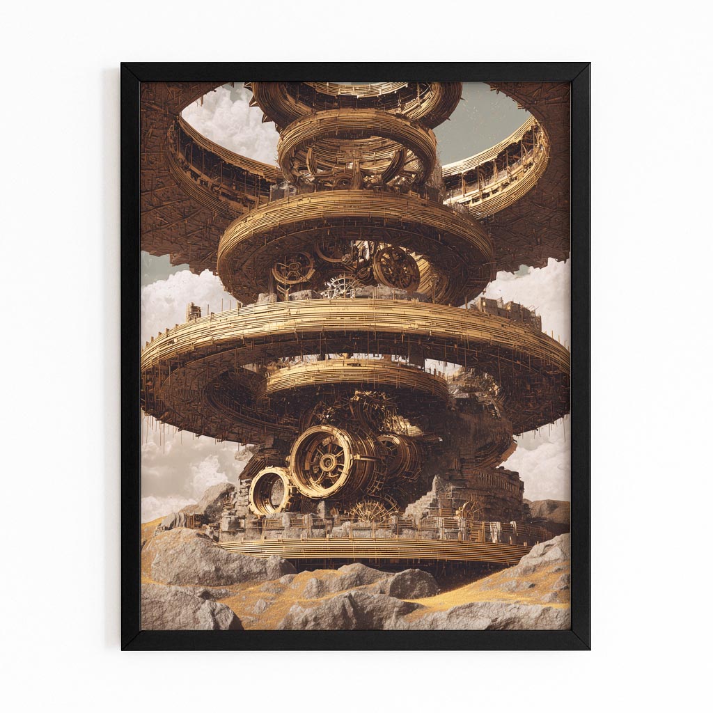 Floating Gear Citadel Steampunk Art – with Premium Black frame on white background