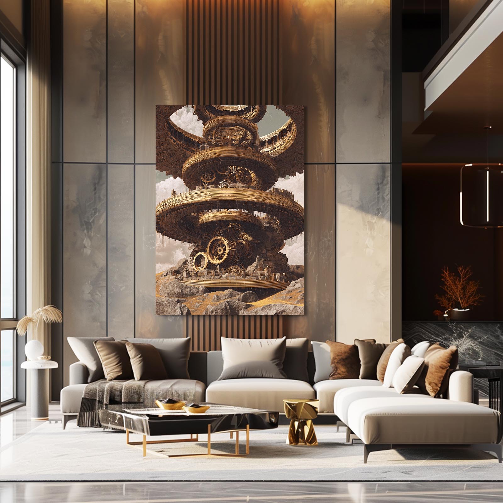Floating Gear Citadel Steampunk Art – styled in a furnished interior