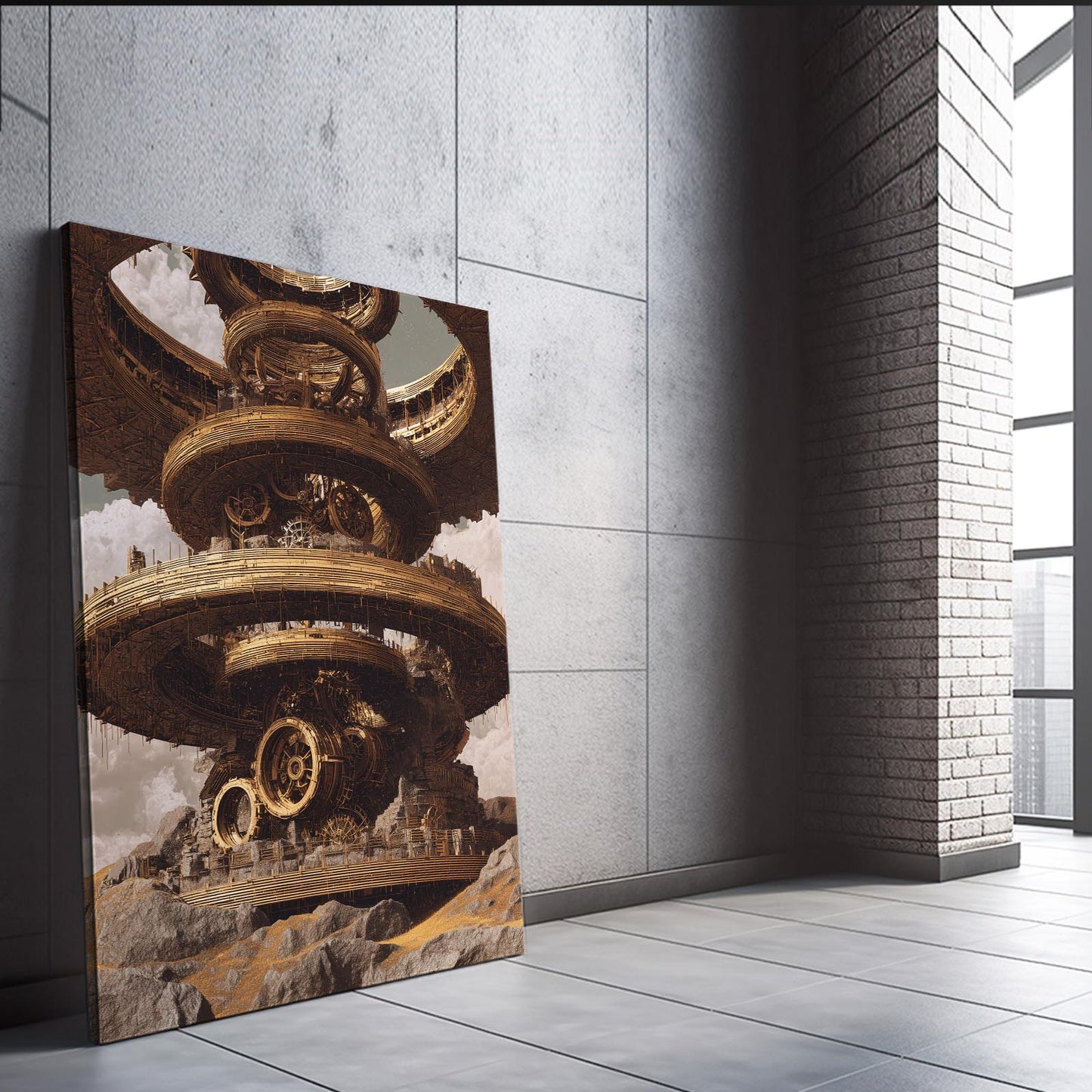 Floating Gear Citadel Steampunk Art – styled in a furnished interior