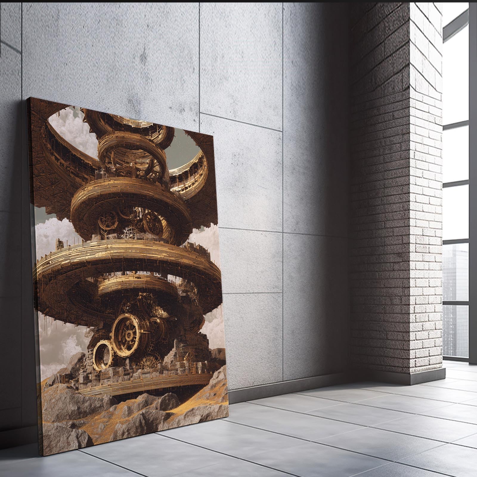 Floating Gear Citadel Steampunk Art – styled in a furnished interior