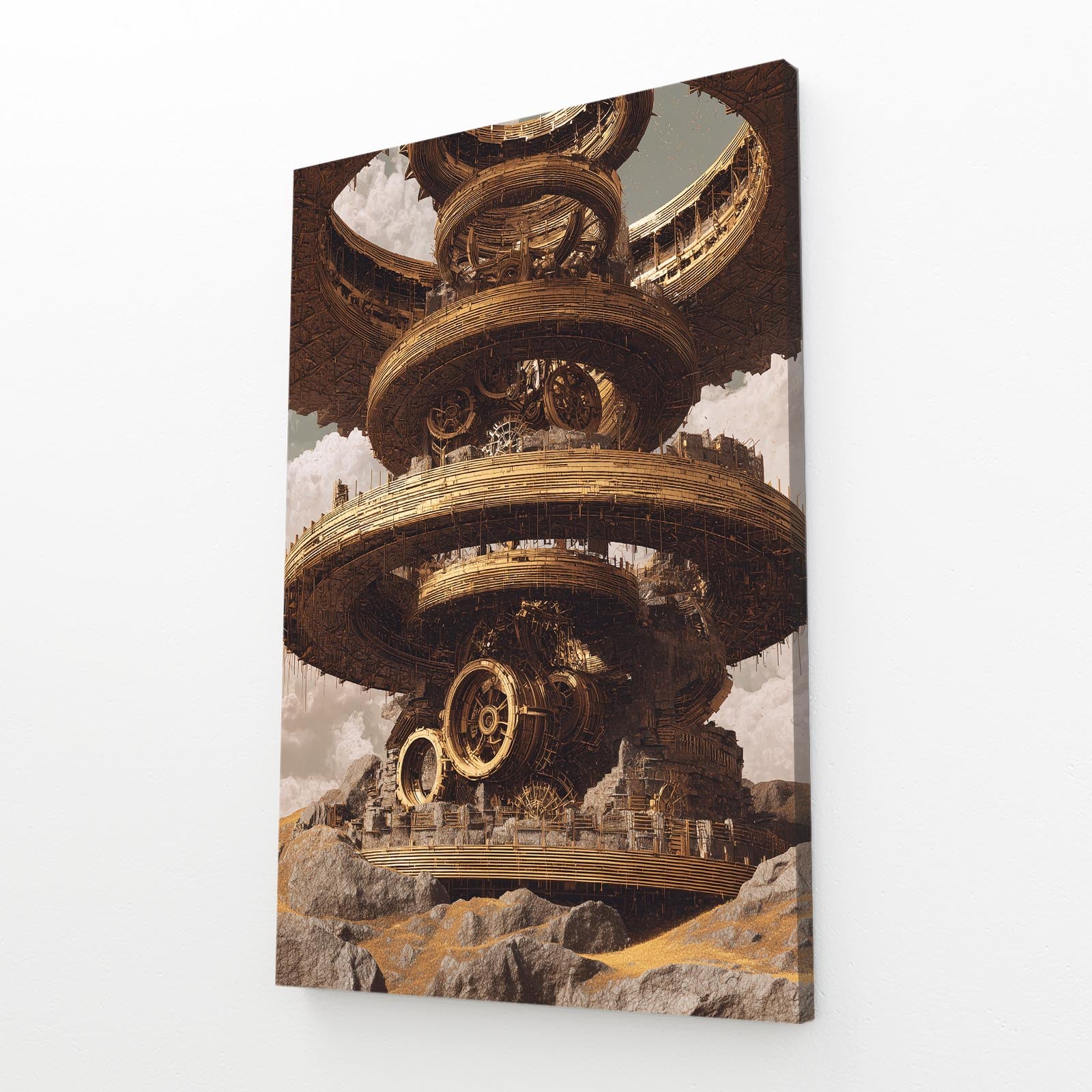 Floating Gear Citadel Steampunk Art – angled canvas view on white background