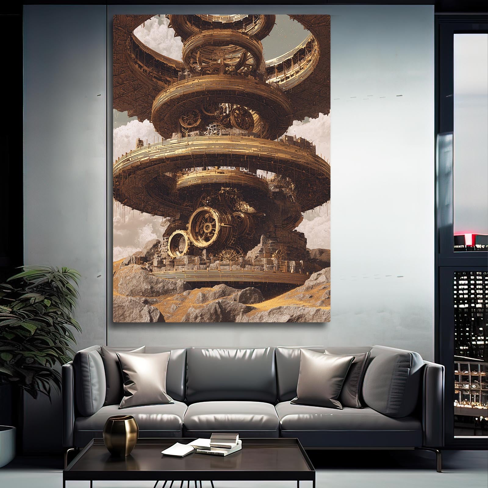 Floating Gear Citadel Steampunk Art – styled in a furnished interior