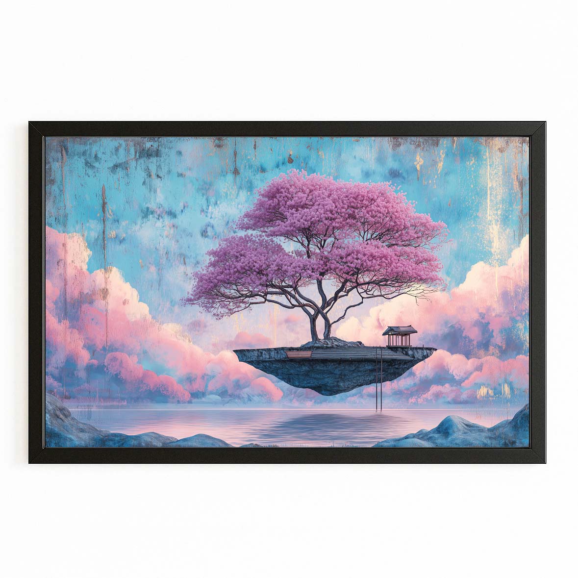 Floating Island Tree Cherry Blossom Wall Art – with Premium Black frame on white background