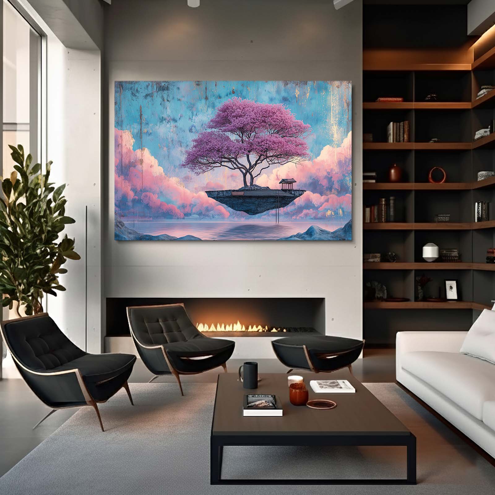 Floating Island Tree Cherry Blossom Wall Art – styled in a furnished interior