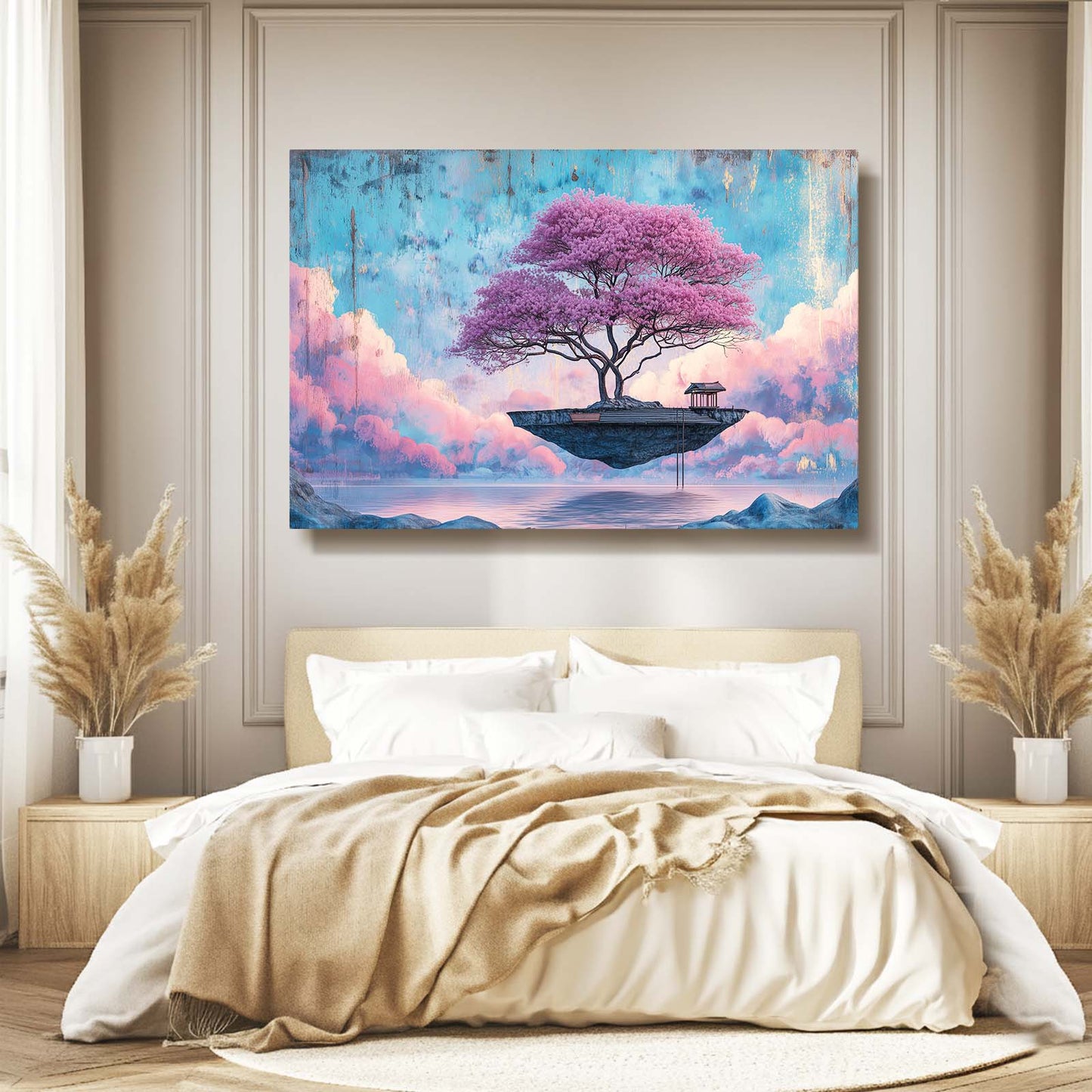 Floating Island Tree Cherry Blossom Wall Art – styled in a furnished interior