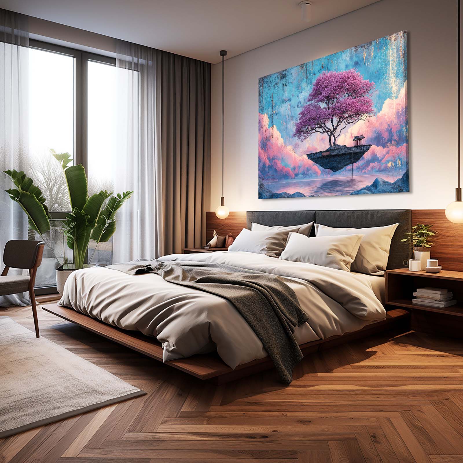 Floating Island Tree Cherry Blossom Wall Art – styled in a furnished interior
