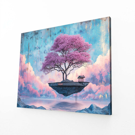 Floating Island Tree Cherry Blossom Wall Art – angled canvas view on white background