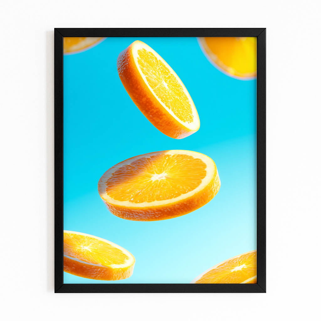 Floating Orange Slices Fruit Art – with Premium Black frame on white background