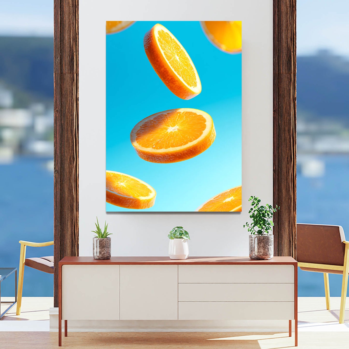 Floating Orange Slices Fruit Art – styled in a furnished interior