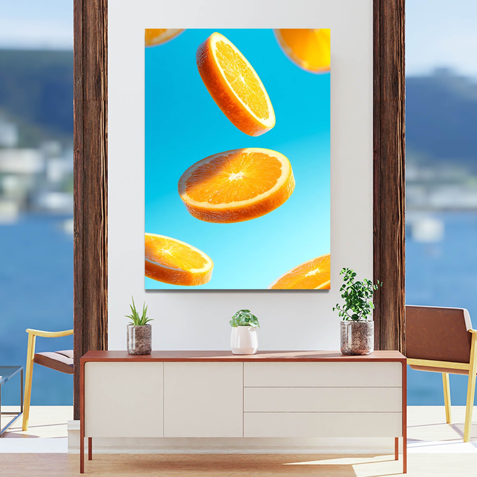 Floating Orange Slices Fruit Art – styled in a furnished interior