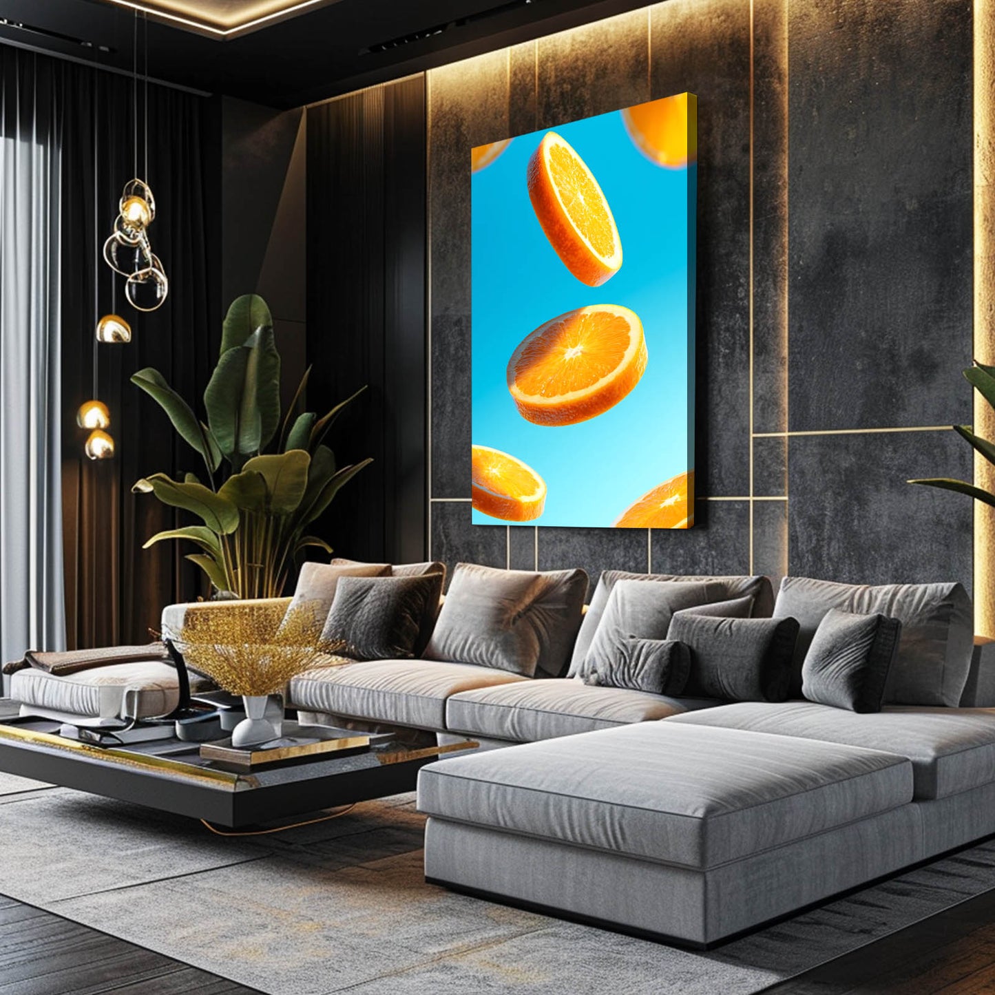 Floating Orange Slices Fruit Art – styled in a furnished interior