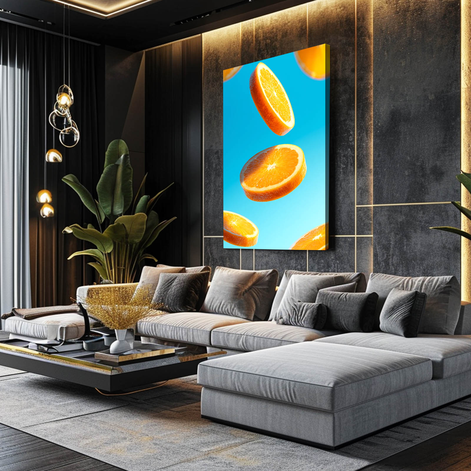 Floating Orange Slices Fruit Art – styled in a furnished interior