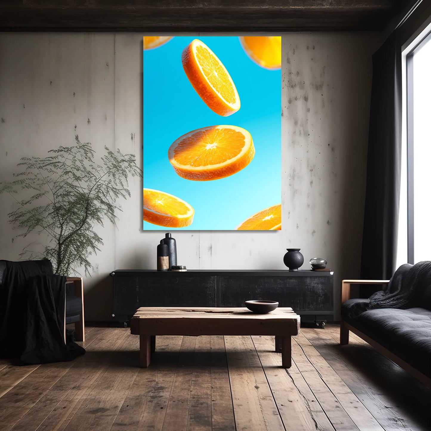 Floating Orange Slices Fruit Art – styled in a furnished interior