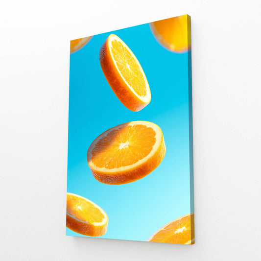 Floating Orange Slices Fruit Art – angled canvas view on white background