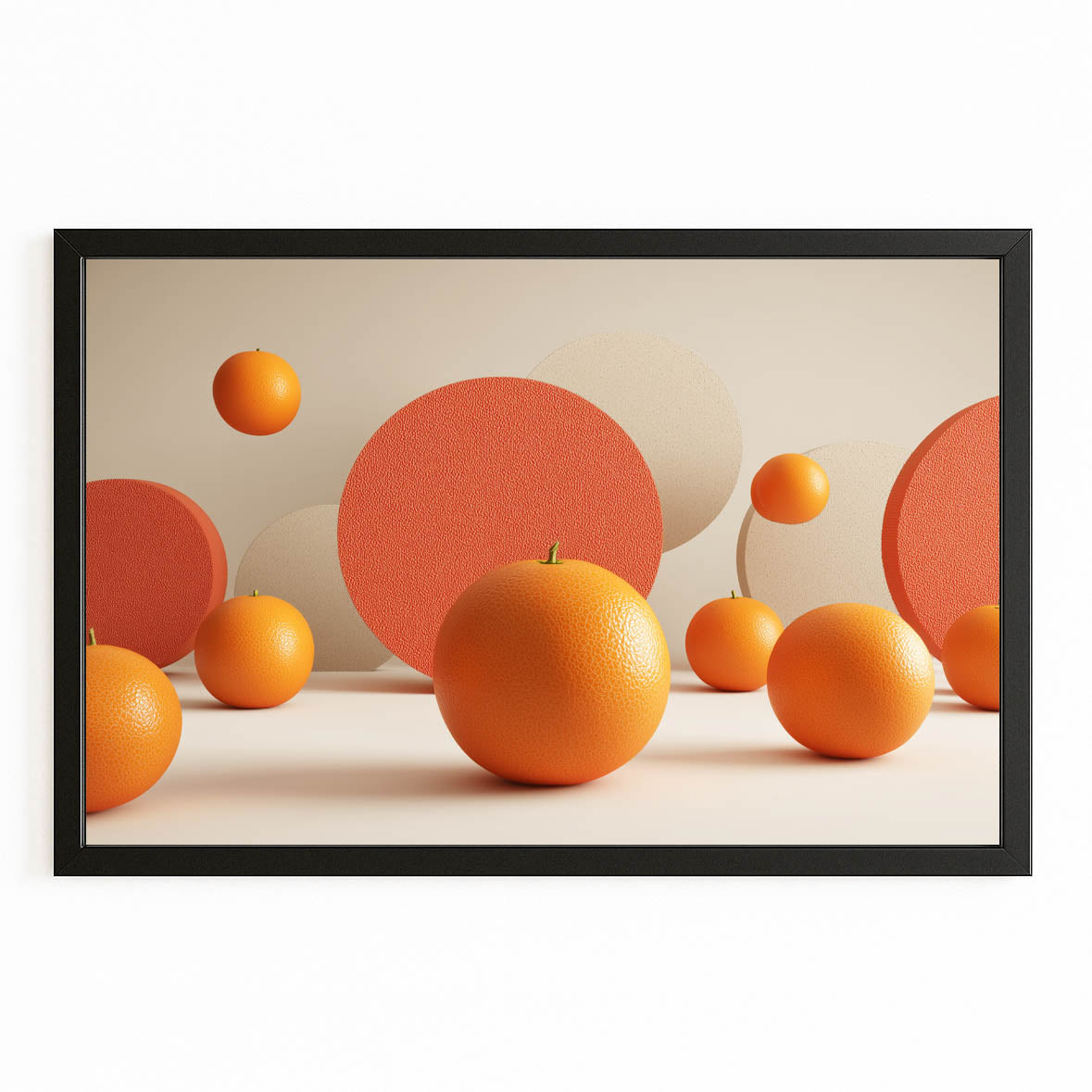 Floating Orange Spheres Fruit Art – with Premium Black frame on white background