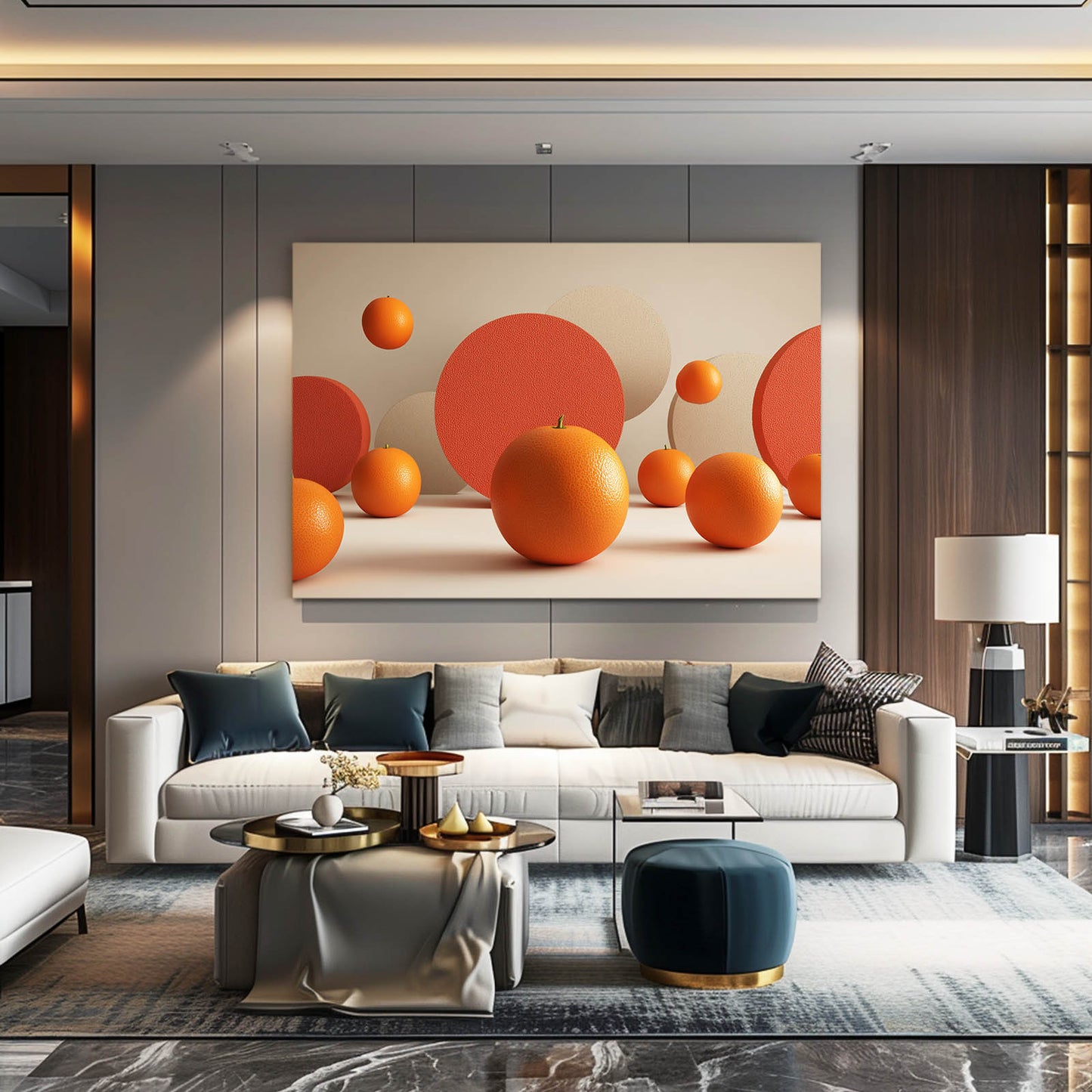 Floating Orange Spheres Fruit Art – styled in a furnished interior