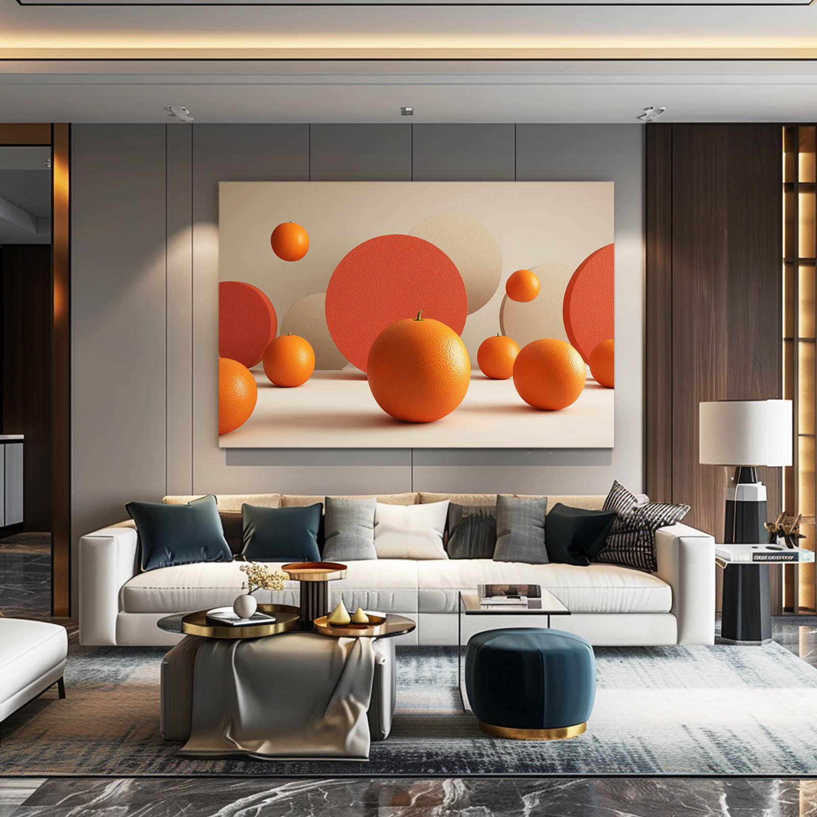 Floating Orange Spheres Fruit Art – styled in a furnished interior
