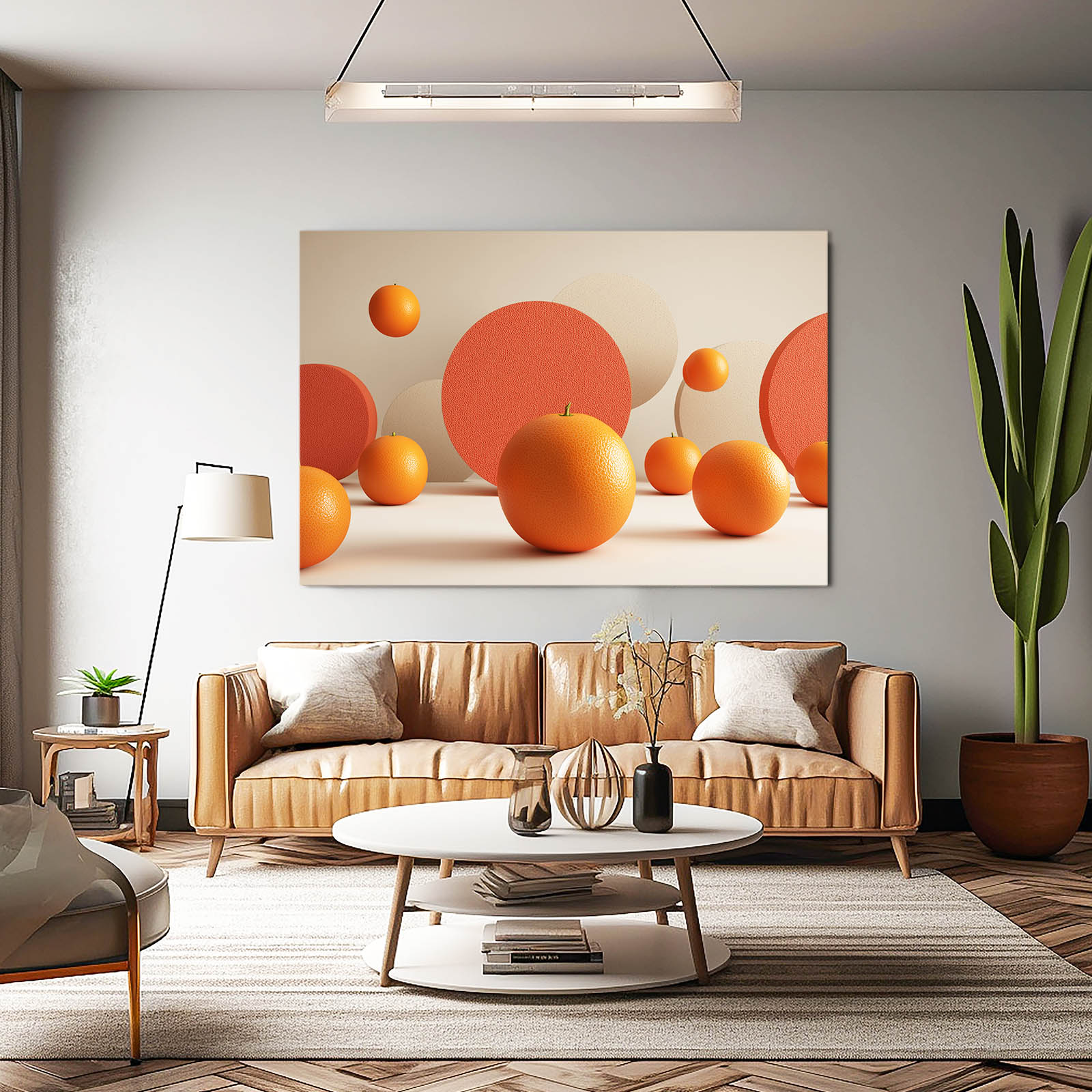Floating Orange Spheres Fruit Art – styled in a furnished interior