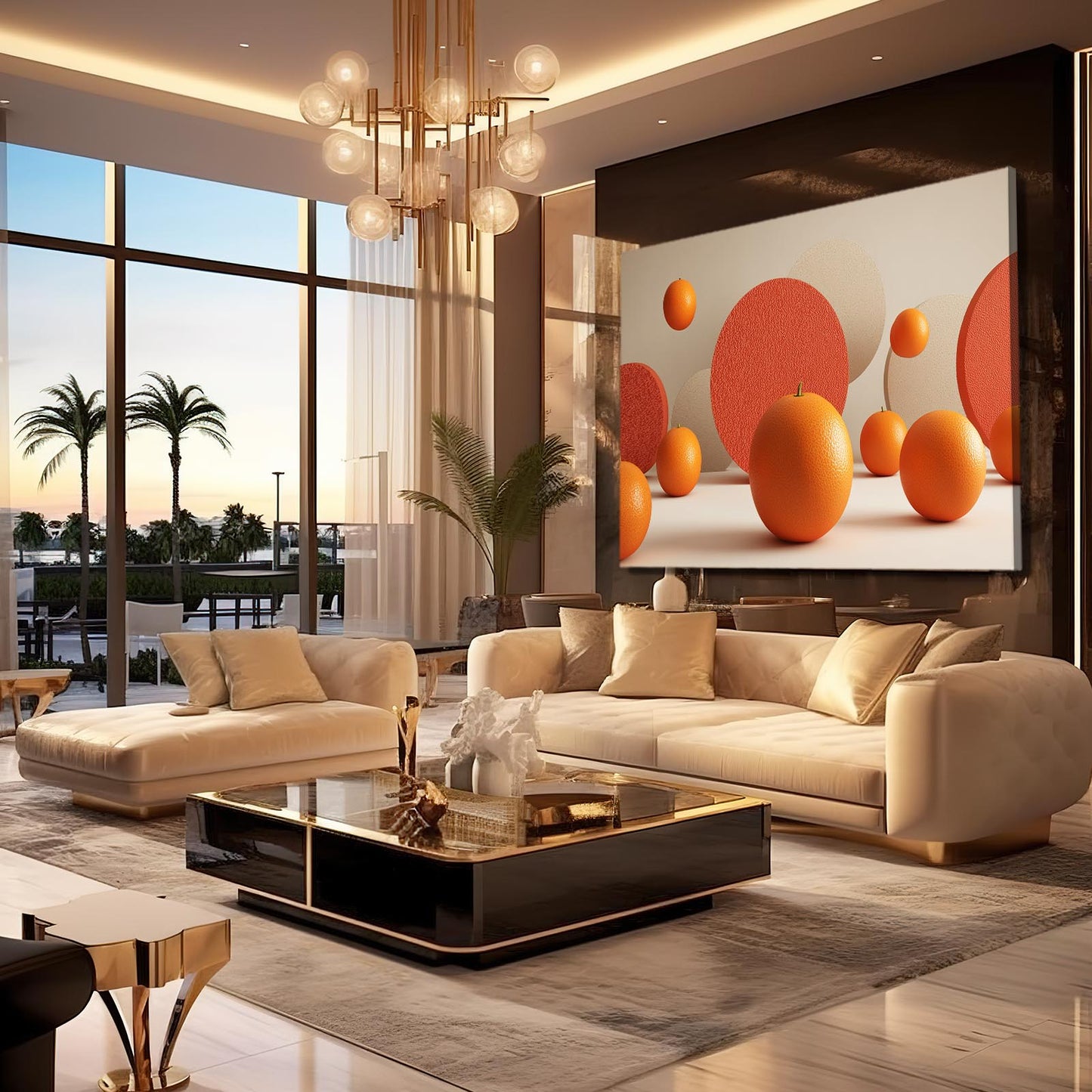 Floating Orange Spheres Fruit Art – styled in a furnished interior