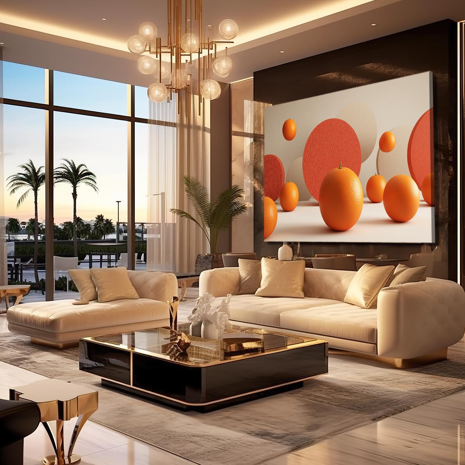 Floating Orange Spheres Fruit Art – styled in a furnished interior