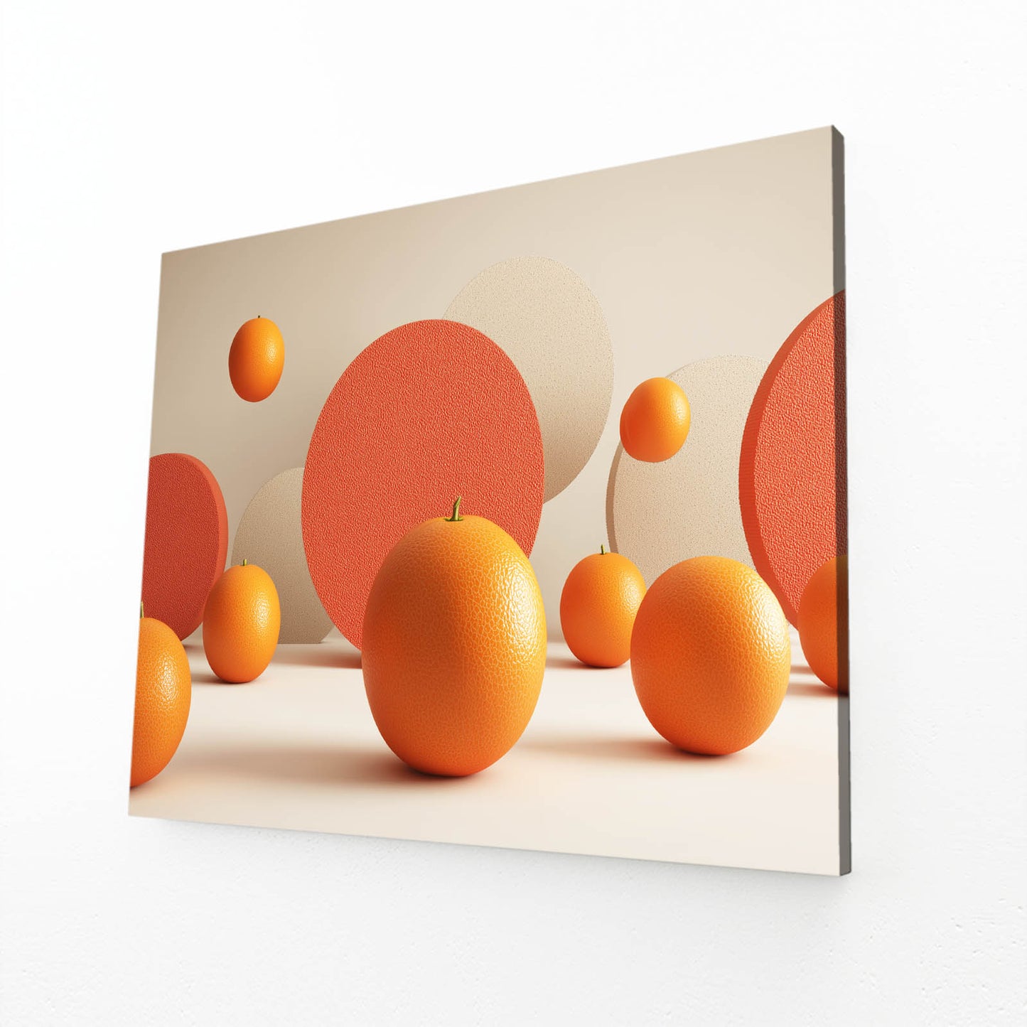 Floating Orange Spheres Fruit Art – angled canvas view on white background
