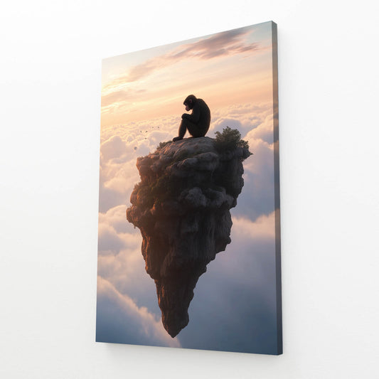 Floating Rock Solitude Monkey Canvas Art – angled canvas view on white background