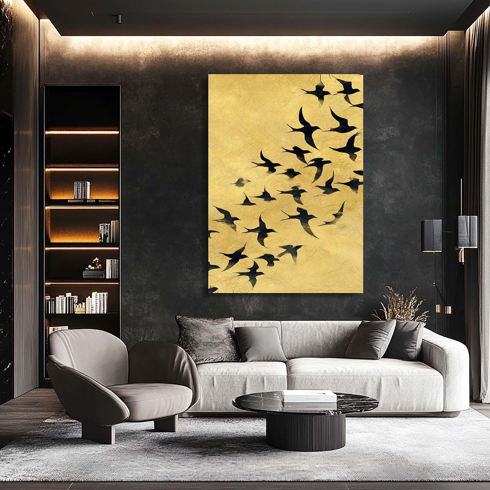 Flock On Gold Prints – styled in a furnished interior