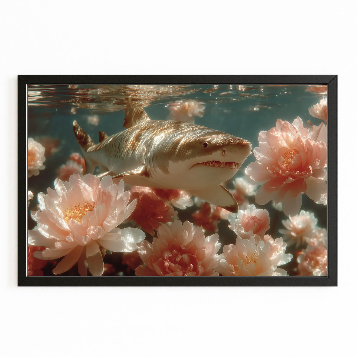 Floral Bloom Shark Prints – with Premium Black frame on white background