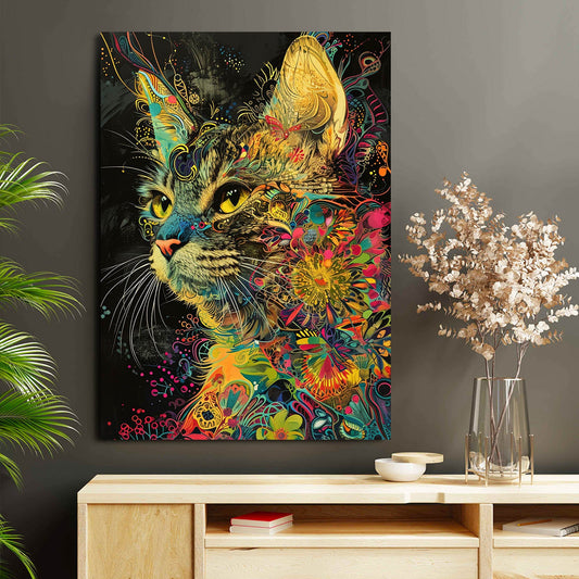 Floral Dream Cat Wall Art — digital canvas print in brown tones, view 3
