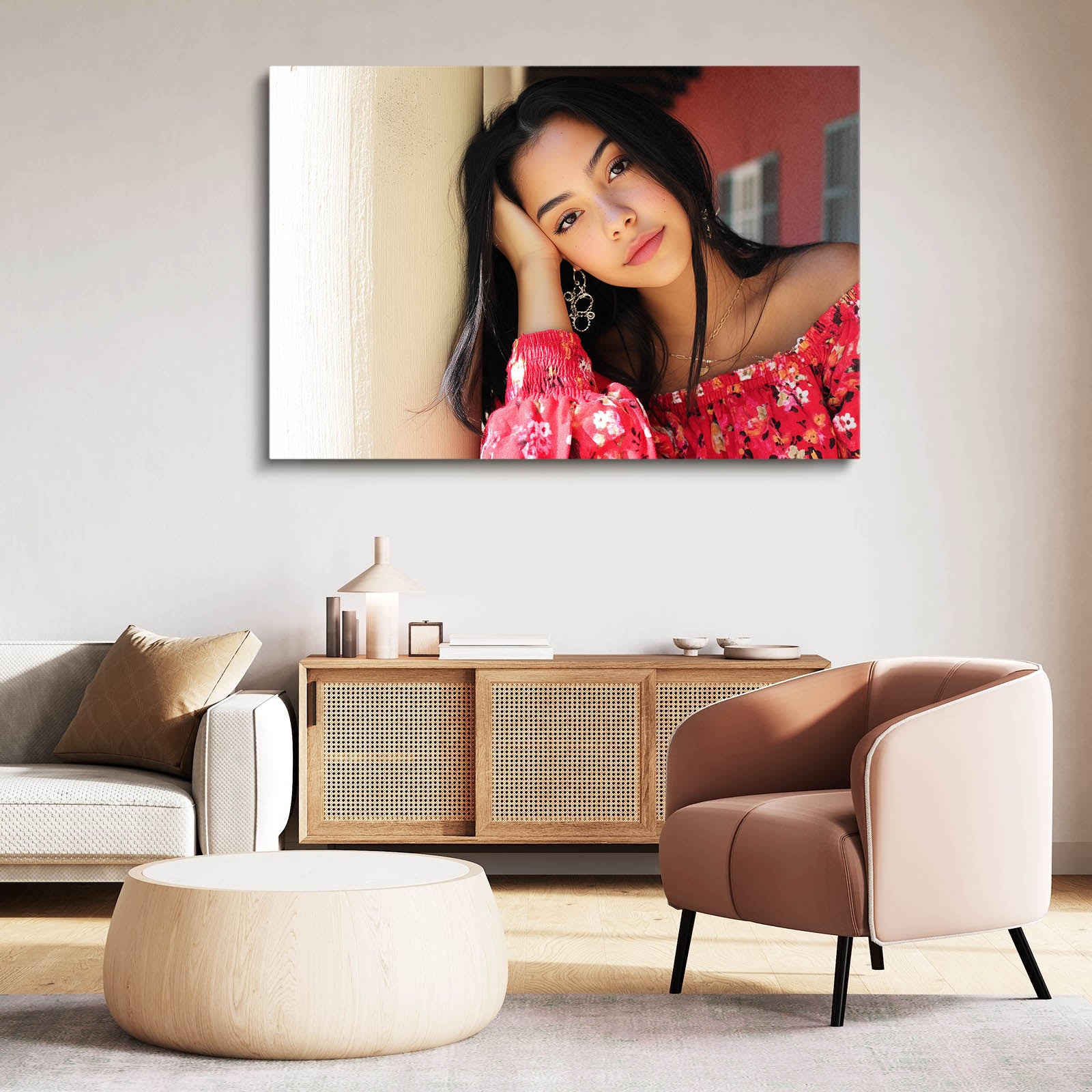 Floral Dress Woman Photography Wall Art – styled in a furnished interior