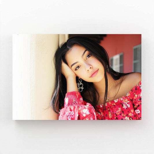 Floral Dress Woman Photography Wall Art – angled canvas view on white background