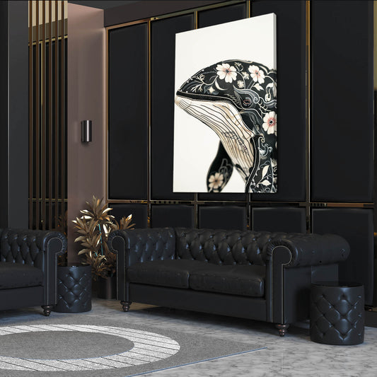 Floral Elegance Whale Art — japanese canvas print in white tones, view 3