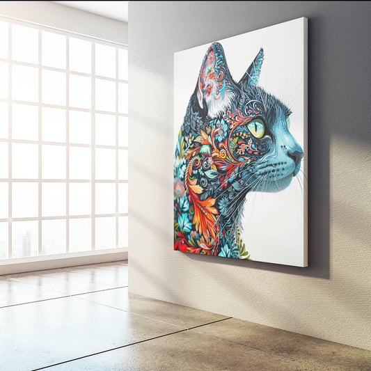 Floral Fantasy Cat Art — contemporary canvas print in blue tones, view 3