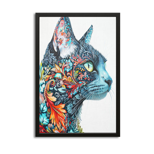 Floral Fantasy Cat Art — contemporary canvas print in blue tones, with Premium Black frame on white background